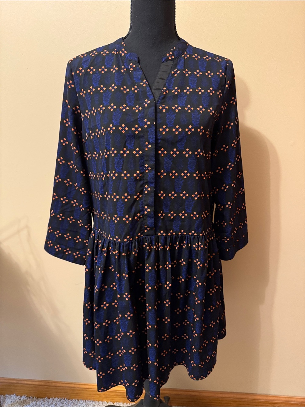 Navy Printed Long Sleeve Peplum Dress with Rust Dot Accents
